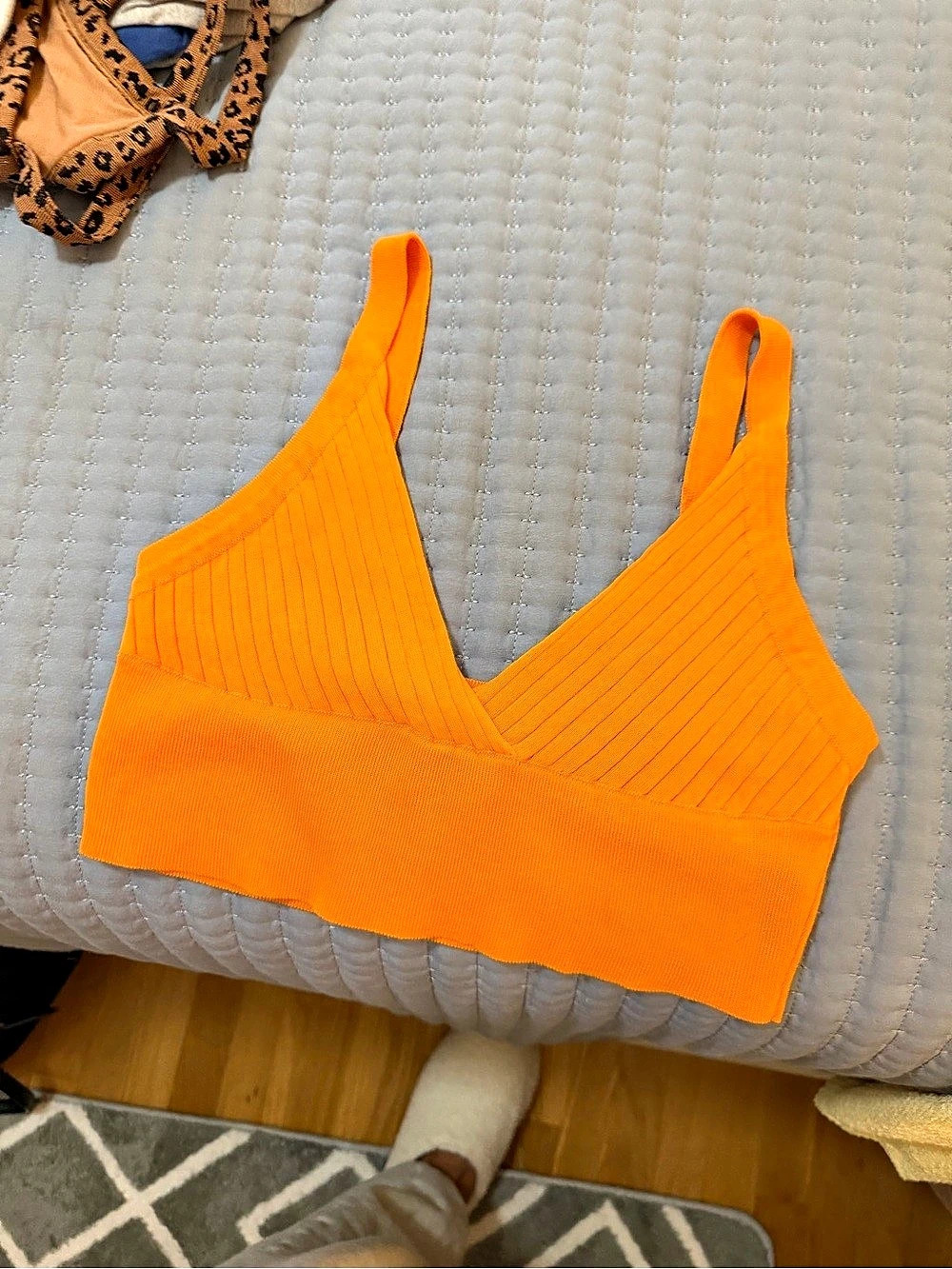 Orange Ribbed V-Neck Crop Top